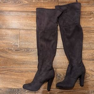 Gray suede over the knee heel boots